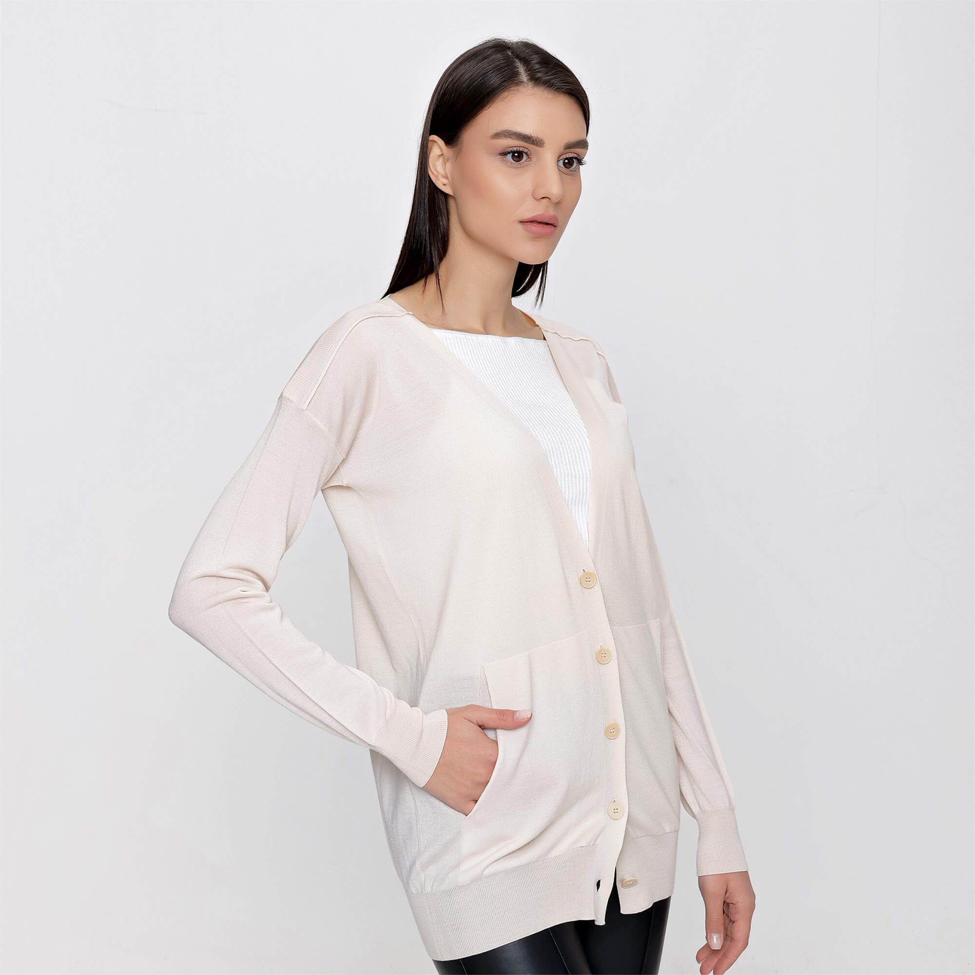 Stella McCartney - Cream Wool and Silk Blend V Neck Front Pocket Cardigan